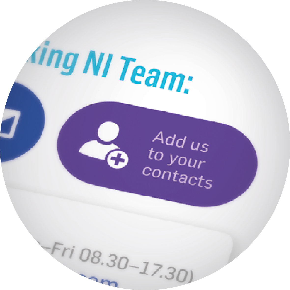 Purple digital button on-screen featuring a person icon and 'Add us to your contacts' text.